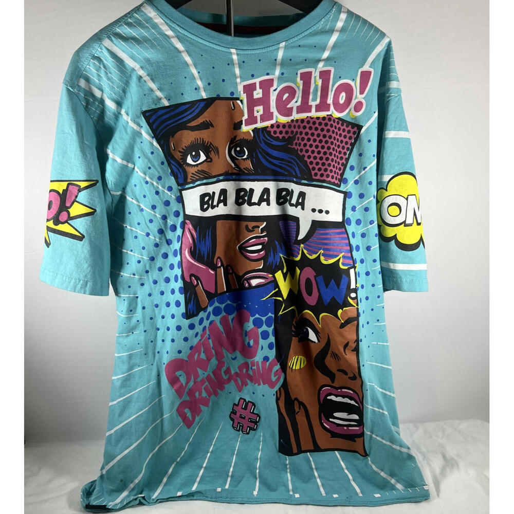 Y2K Contender‎ T-Shirt Men's 3XL Teal All Over Print Cotton Shirt Streetwear